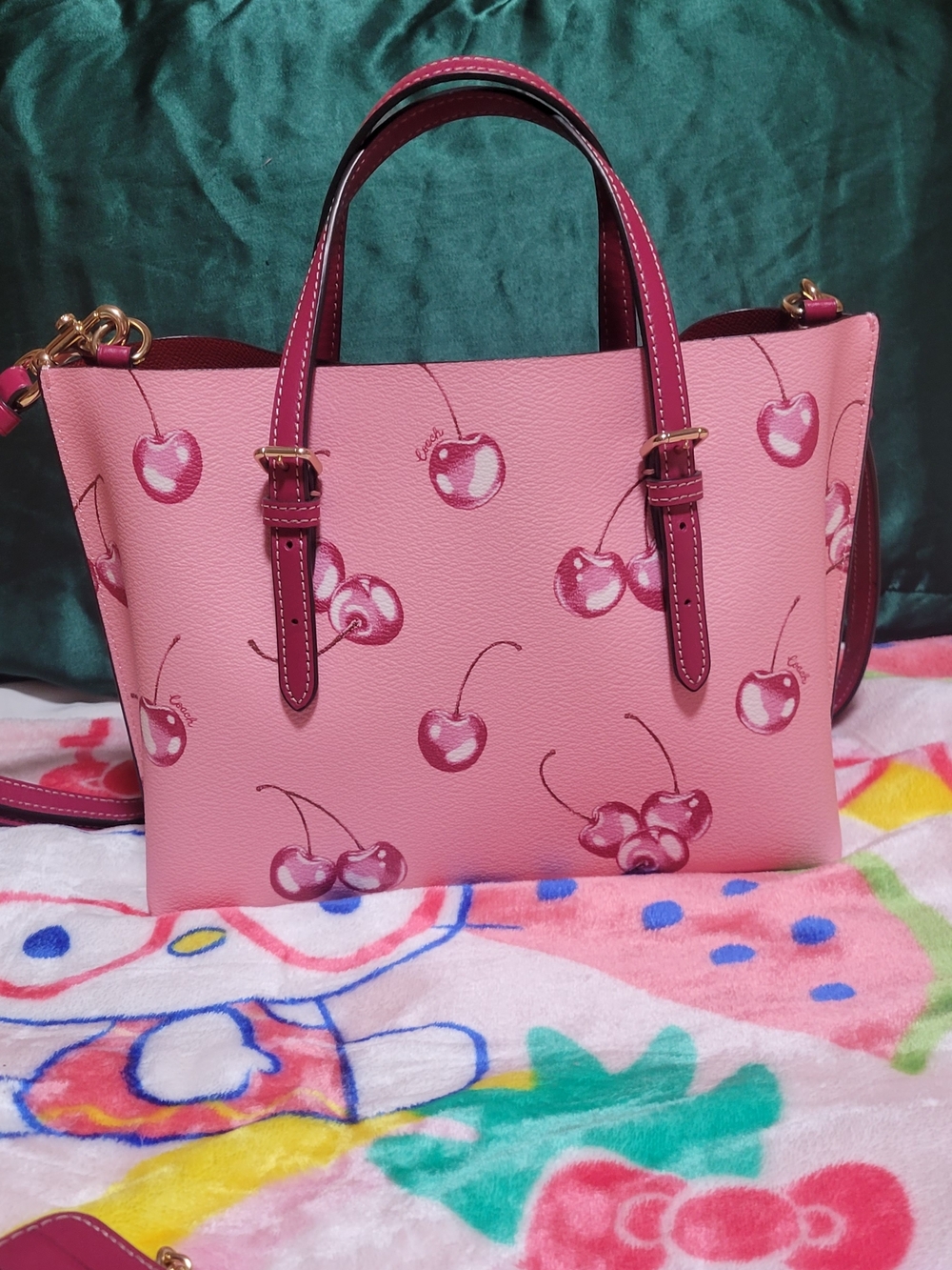 Coach Pink Cherry-Print Leather Tote with Dark Pink Trim - Picture 5 of 6
